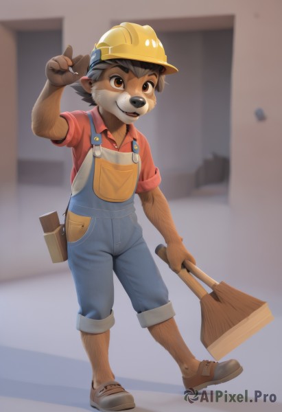 solo,looking at viewer,smile,short hair,open mouth,brown hair,shirt,black hair,1boy,hat,holding,animal ears,brown eyes,standing,full body,short sleeves,male focus,shoes,collared shirt,artist name,indoors,blurry,blurry background,sandals,thick eyebrows,red shirt,furry,broom,pocket,overalls,furry male,male child,body fur,yellow headwear,brown fur,leg hair,arm hair,dog boy,hardhat,simple background,teeth,brown footwear,helmet,wrench