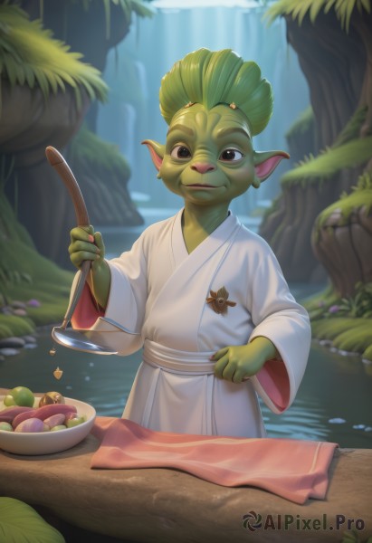 solo,looking at viewer,smile,1boy,holding,brown eyes,jewelry,closed mouth,standing,male focus,outdoors,food,japanese clothes,green hair,day,pointy ears,water,blurry,black eyes,tree,blurry background,colored skin,nature,robe,male child,green skin,mushroom,cooking,ladle,waterfall,lily pad,white robe,holding ladle,bathrobe,hair ornament,long sleeves,artist name,wide sleeves,sash,fruit,leaf,watermark,furry,bowl,spoon,holding spoon,holding bowl,moss