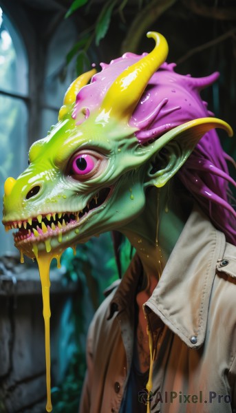 solo,looking at viewer,open mouth,shirt,1boy,purple eyes,jacket,upper body,purple hair,male focus,open clothes,horns,teeth,artist name,pink eyes,blurry,wet,black shirt,blurry background,colored skin,sharp teeth,portrait,monster,green skin,dripping,slime (substance),lizard,1girl,long hair,pointy ears,indoors,depth of field,brown jacket,alien,leather jacket,horror (theme),collared jacket