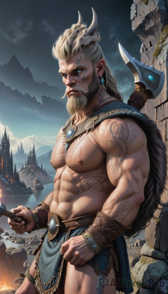 solo,long hair,looking at viewer,blue eyes,1boy,navel,holding,jewelry,nipples,standing,weapon,white hair,grey hair,male focus,thighs,cowboy shot,earrings,outdoors,horns,sky,pointy ears,sword,stomach,holding weapon,armor,tattoo,muscular,night,feet out of frame,glowing,facial hair,scar,thick thighs,piercing,abs,thick eyebrows,pectorals,muscular male,bara,glowing eyes,pelvic curtain,beard,scar on face,large pectorals,veins,bulge,topless male,mountain,mature male,mustache,scar across eye,arm tattoo,axe,manly,bare pectorals,chest hair,loincloth,biceps,navel hair,scar on chest,holding axe,scar on arm,cliff,thick arms,veiny arms,blonde hair,artist name,realistic,facial tattoo,embers