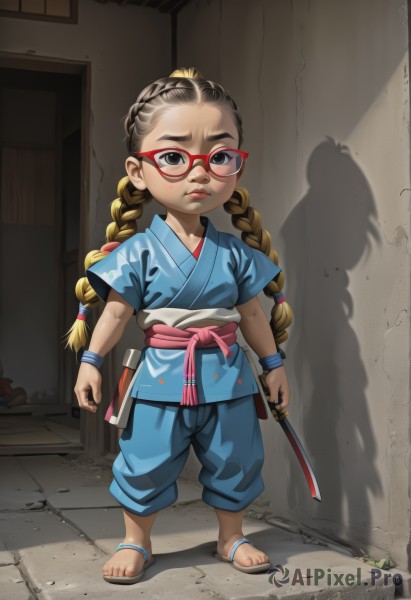 1girl,solo,long hair,looking at viewer,blonde hair,brown hair,holding,twintails,closed mouth,standing,full body,weapon,braid,short sleeves,japanese clothes,glasses,pants,sword,indoors,holding weapon,black eyes,twin braids,lips,sash,shadow,holding sword,sandals,aged down,knife,wristband,child,forehead,red-framed eyewear,blue pants,female child,flip-flops,kimono,book,obi,katana,sheath,hair tie,blue kimono,dirty,blue sash