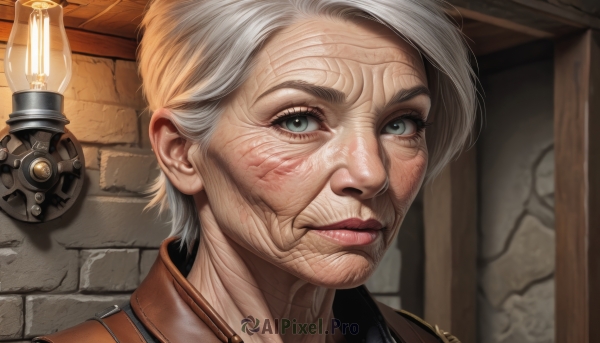 1girl,solo,looking at viewer,short hair,blue eyes,closed mouth,green eyes,white hair,grey hair,parted lips,indoors,lips,grey eyes,scar,portrait,scar on face,lantern,realistic,nose,wall,old,old man,old woman,wrinkled skin,1boy,male focus,artist name,signature,eyelashes,tattoo,facial hair,beard,brick wall,stone wall