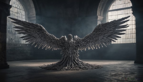 solo,1boy,standing,monochrome,wings,indoors,no humans,window,scenery,feathered wings,black wings,pillar,statue,multiple wings,greyscale,male focus,from behind,sunlight,angel wings,angel,facing away,architecture,ruins,wide shot,arch,spread wings,column,grey theme