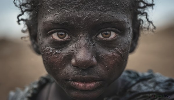 solo,looking at viewer,black hair,1boy,brown eyes,closed mouth,male focus,dark skin,blurry,blurry background,dark-skinned male,portrait,close-up,realistic,dirty,lips