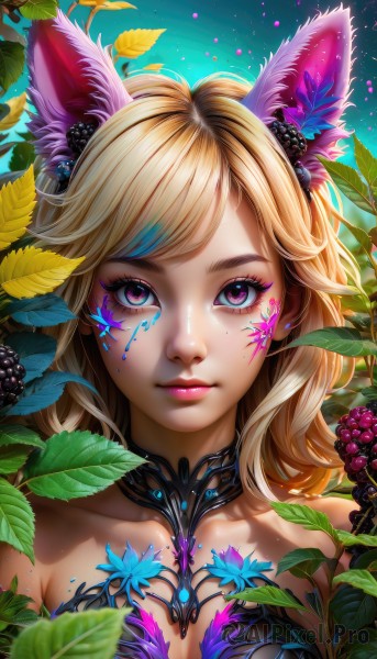 1girl,solo,long hair,breasts,looking at viewer,smile,bangs,blonde hair,hair ornament,animal ears,cleavage,bare shoulders,medium breasts,closed mouth,purple eyes,collarbone,upper body,flower,food,artist name,cat ears,pink eyes,mole,lips,eyelashes,mole under eye,makeup,fruit,swept bangs,leaf,facial mark,plant,lipstick,portrait,close-up,eyeshadow,pink lips,multicolored eyes,nose,eyeliner,facepaint,grapes,mascara,multicolored hair,fox ears