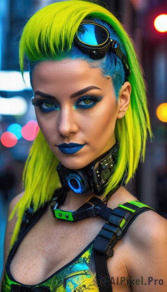 1girl,solo,long hair,breasts,looking at viewer,smile,cleavage,bare shoulders,jewelry,closed mouth,green eyes,blue hair,upper body,multicolored hair,earrings,small breasts,green hair,mole,blurry,two-tone hair,lips,eyelashes,mole under eye,gradient hair,makeup,depth of field,blurry background,lipstick,goggles,eyeshadow,freckles,goggles on head,asymmetrical hair,realistic,nose,eyeliner,mascara,blue lips,cyberpunk,short hair,blonde hair,medium breasts,yellow eyes,artist name,signature,aqua hair,portrait,forehead,science fiction,cyborg,hair slicked back