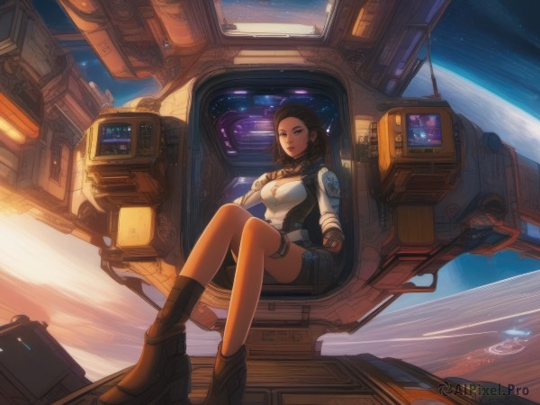 1girl,solo,breasts,looking at viewer,short hair,brown hair,black hair,cleavage,brown eyes,jewelry,medium breasts,sitting,boots,lips,thigh strap,brown footwear,star (sky),science fiction,space,planet,spacecraft,spacesuit,cockpit,blue eyes,skirt,gloves,signature,high heels,high heel boots,realistic,ankle boots,monitor,earth (planet),screen