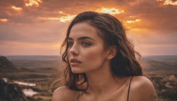 1girl,solo,long hair,brown hair,black hair,bare shoulders,brown eyes,collarbone,upper body,outdoors,parted lips,sky,teeth,cloud,water,blurry,lips,blurry background,ocean,beach,cloudy sky,portrait,sunset,realistic,nose,jewelry,necklace,horizon