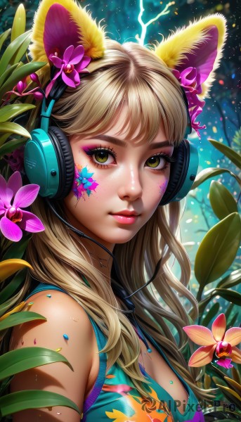 1girl,solo,long hair,breasts,looking at viewer,bangs,blonde hair,brown hair,hair ornament,animal ears,cleavage,bare shoulders,brown eyes,medium breasts,closed mouth,green eyes,yellow eyes,upper body,flower,parted lips,sleeveless,artist name,cat ears,hair flower,from side,lips,fox ears,eyelashes,makeup,headphones,leaf,watermark,facial mark,plant,lipstick,web address,pink flower,eyeshadow,freckles,pink lips,nose,red lips,eyeliner,whisker markings,facepaint,mascara,animal ear headphones,jewelry,necklace,fake animal ears,branch