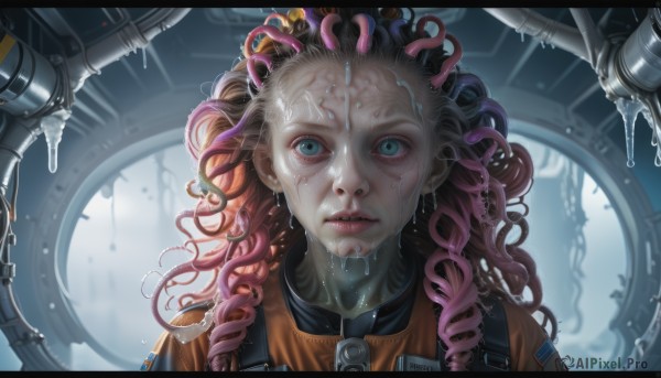 1girl,solo,long hair,looking at viewer,blue eyes,green eyes,upper body,pink hair,multicolored hair,parted lips,two-tone hair,lips,wet,portrait,tentacles,zipper,science fiction,curly hair,realistic,nose,dripping,jewelry,earrings,teeth,water,orange hair,wavy hair,letterboxed,forehead,freckles,dirty,hose,cyberpunk,tube