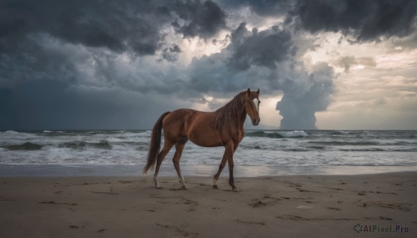 outdoors, sky, cloud, water, dutch angle, no humans, ocean, animal, beach, cloudy sky, scenery, realistic, sand, horse