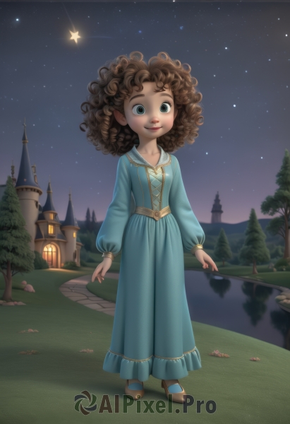 1girl,solo,looking at viewer,smile,blue eyes,brown hair,long sleeves,dress,green eyes,standing,full body,outdoors,sky,shoes,puffy sleeves,dark skin,water,star (symbol),dark-skinned female,tree,night,blue dress,grass,child,star (sky),night sky,starry sky,curly hair,lantern,fantasy,female child,castle,tower,lake,shooting star,artist name,house,aqua dress