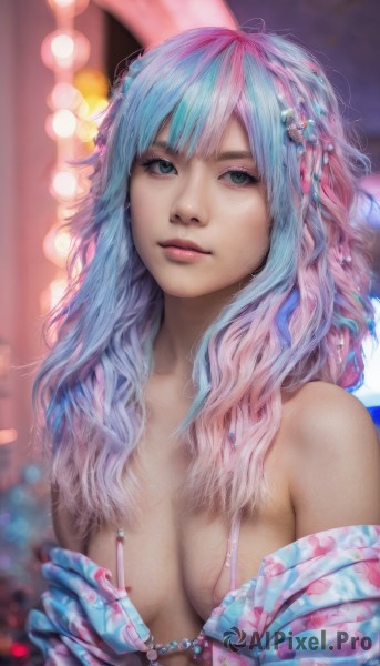 1girl,solo,long hair,breasts,looking at viewer,bangs,blue eyes,hair ornament,cleavage,bare shoulders,medium breasts,underwear,green eyes,blue hair,upper body,pink hair,multicolored hair,off shoulder,bra,blurry,two-tone hair,lips,gradient hair,makeup,depth of field,blurry background,watermark,wavy hair,web address,freckles,realistic,nose,gloves,jewelry,bracelet