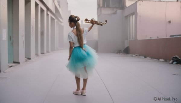 1girl,solo,long hair,skirt,brown hair,shirt,black hair,holding,jewelry,standing,full body,white shirt,ponytail,short sleeves,outdoors,shoes,indoors,dark skin,hair bun,from behind,dark-skinned female,blue skirt,see-through,white footwear,building,sneakers,instrument,facing away,holding instrument,violin,trumpet,underwear,bracelet,window,door,music,playing instrument