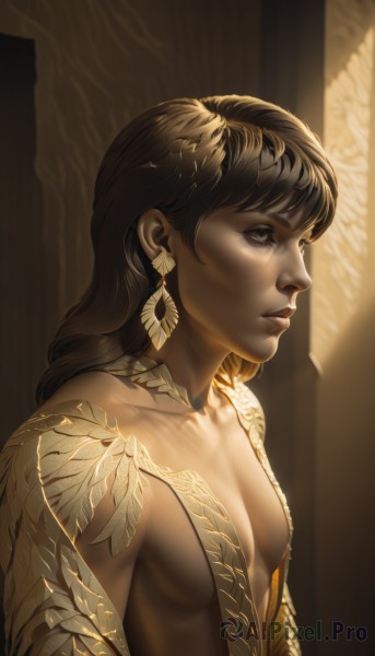 1girl,solo,long hair,breasts,bangs,brown hair,black hair,1boy,brown eyes,jewelry,collarbone,upper body,male focus,earrings,small breasts,parted lips,lips,grey eyes,eyelashes,looking away,sunlight,feathers,realistic,nose,looking afar,dress,cleavage,bare shoulders,medium breasts,dark skin,from side,dark-skinned female,no bra