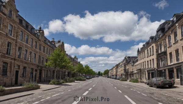 outdoors,sky,day,cloud,tree,blue sky,no humans,window,cloudy sky,ground vehicle,building,scenery,motor vehicle,city,car,road,house,lamppost,street,crosswalk,shadow,real world location,vanishing point