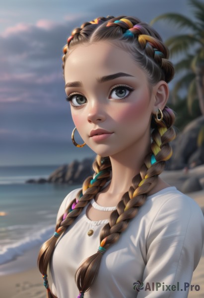 1girl,solo,long hair,breasts,looking at viewer,blush,smile,brown hair,shirt,hair ornament,brown eyes,jewelry,closed mouth,white shirt,upper body,braid,multicolored hair,earrings,small breasts,outdoors,sky,day,artist name,cloud,water,necklace,blurry,black eyes,twin braids,two-tone hair,tree,lips,streaked hair,grey eyes,eyelashes,makeup,depth of field,blurry background,ocean,beach,thick eyebrows,hair over shoulder,forehead,freckles,hoop earrings,realistic,nose,hair tie,sand,palm tree,multiple braids,black hair,collarbone,sunlight,cloudy sky,pink lips,horizon,dreadlocks