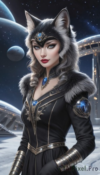 1girl,solo,long hair,breasts,looking at viewer,blue eyes,gloves,long sleeves,dress,animal ears,cleavage,jewelry,medium breasts,closed mouth,sky,black gloves,artist name,cat ears,signature,black dress,lips,coat,grey eyes,fur trim,makeup,night,drill hair,moon,lipstick,gem,star (sky),snow,starry sky,black coat,red lips,space,planet,earth (planet),black hair,upper body,outdoors,hood,animal ear fluff,eyeshadow,curly hair,ringlets