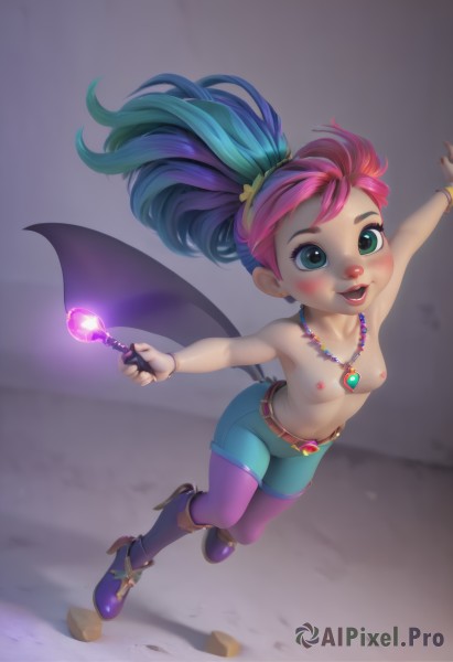 1girl,solo,long hair,breasts,blush,smile,open mouth,hair ornament,thighhighs,navel,holding,jewelry,nipples,green eyes,blue hair,collarbone,full body,ponytail,pink hair,purple hair,:d,pantyhose,multicolored hair,small breasts,boots,green hair,wings,shorts,teeth,belt,necklace,high heels,flat chest,side ponytail,bracelet,two-tone hair,lips,loli,short shorts,gradient hair,makeup,topless,outstretched arms,looking up,lipstick,gem,pendant,high heel boots,wand,magic,purple footwear,holding wand,mascara,purple pantyhose,blue eyes,star (symbol),realistic,purple thighhighs