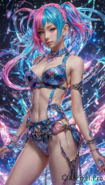 1girl,solo,long hair,breasts,looking at viewer,bangs,blue eyes,navel,cleavage,bare shoulders,twintails,jewelry,medium breasts,underwear,blue hair,standing,panties,swimsuit,pink hair,braid,bikini,multicolored hair,cowboy shot,earrings,midriff,stomach,nail polish,bra,collar,bracelet,two-tone hair,lips,piercing,lingerie,gem,armlet,realistic,nose,hair ornament,closed mouth,choker,belt,artist name,signature,necklace,detached collar,watermark,scrunchie,ear piercing,web address,blue bikini,hair scrunchie,arms at sides,navel piercing