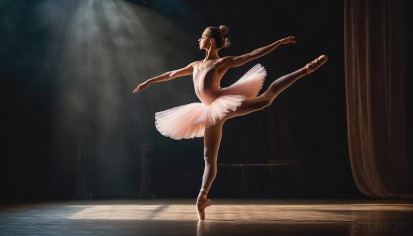 1girl,solo,short hair,brown hair,black hair,dress,standing,full body,closed eyes,pantyhose,small breasts,dark skin,hair bun,leotard,dark-skinned female,leg up,sunlight,single hair bun,standing on one leg,outstretched arms,light rays,plantar flexion,ballerina,ballet slippers,ballet,tutu,breasts,open mouth,bare shoulders,profile,curtains,realistic,dancing,tiptoes,spotlight,athletic leotard