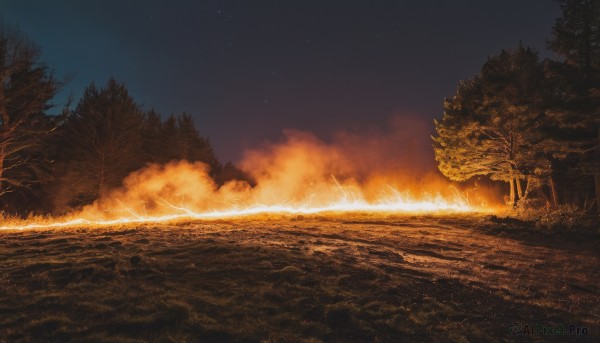 outdoors,sky,cloud,tree,no humans,night,grass,fire,star (sky),nature,night sky,scenery,forest,starry sky,water,dark,landscape,campfire