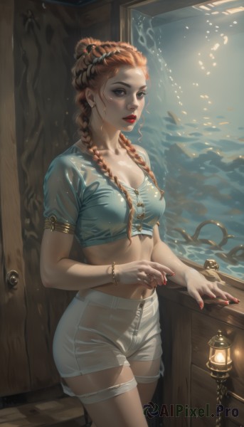 1girl,solo,long hair,breasts,looking at viewer,brown hair,shirt,hair ornament,navel,cleavage,brown eyes,jewelry,medium breasts,standing,collarbone,braid,short sleeves,cowboy shot,earrings,parted lips,shorts,midriff,indoors,water,stomach,nail polish,orange hair,mole,twin braids,bracelet,lips,crop top,fingernails,wet,see-through,short shorts,makeup,thigh strap,blue shirt,lipstick,wet clothes,hair over shoulder,red nails,forehead,freckles,fish,lantern,white shorts,realistic,nose,red lips,watercraft,mascara,multiple braids,aquarium,blue eyes,red hair,hair bun