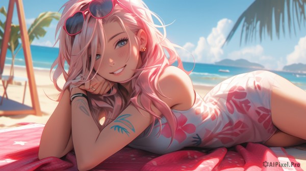 1girl,solo,long hair,breasts,looking at viewer,blush,smile,bangs,blue eyes,large breasts,bare shoulders,jewelry,swimsuit,pink hair,heart,earrings,outdoors,lying,parted lips,sky,sleeveless,day,cloud,water,nail polish,hair over one eye,grin,blurry,bracelet,tree,blue sky,lips,one-piece swimsuit,tattoo,depth of field,blurry background,ocean,umbrella,on side,beach,floral print,sunglasses,ring,on stomach,towel,eyewear on head,head rest,sand,palm tree,white one-piece swimsuit,stud earrings,arm tattoo,shoulder tattoo,tinted eyewear,beach umbrella,beach towel,dress,medium breasts,sleeveless dress,wristband