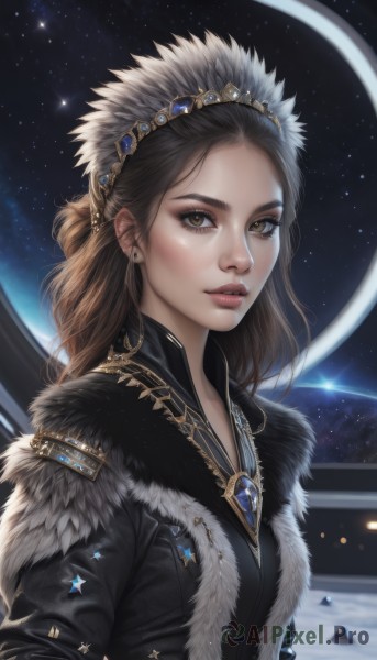 1girl,solo,long hair,looking at viewer,brown hair,hair ornament,brown eyes,jewelry,jacket,upper body,earrings,parted lips,sky,signature,necklace,lips,black jacket,fur trim,eyelashes,night,tiara,crown,gem,star (sky),starry sky,freckles,realistic,nose,space,black hair,artist name,makeup,stud earrings,planet