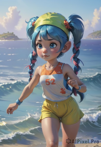 1girl,solo,long hair,breasts,smile,bangs,blue eyes,shirt,hat,ribbon,bare shoulders,twintails,closed mouth,blue hair,standing,collarbone,hair ribbon,braid,small breasts,outdoors,sky,shorts,sleeveless,day,artist name,cloud,water,twin braids,blue sky,lips,short shorts,feet out of frame,ocean,watermark,beach,cloudy sky,tank top,wristband,child,web address,bandana,female child,yellow shorts,yellow headwear,sweatband,blush,hair ornament,flower,signature,hair flower,eyelashes,sunlight,waves