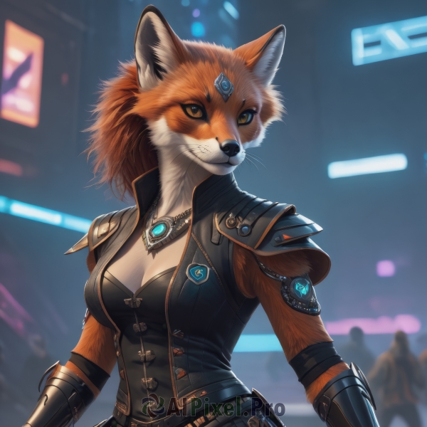 1girl,solo,long hair,breasts,looking at viewer,smile,animal ears,cleavage,brown eyes,jewelry,medium breasts,closed mouth,jacket,tail,upper body,ponytail,weapon,outdoors,solo focus,belt,artist name,necklace,orange hair,armor,blurry,vest,orange eyes,looking to the side,fox ears,depth of field,blurry background,shoulder armor,gauntlets,gem,furry,pendant,pauldrons,furry female,vambraces,body fur,forehead jewel,animal nose,single mechanical arm,snout,orange fur,black jacket,cropped jacket,pouch