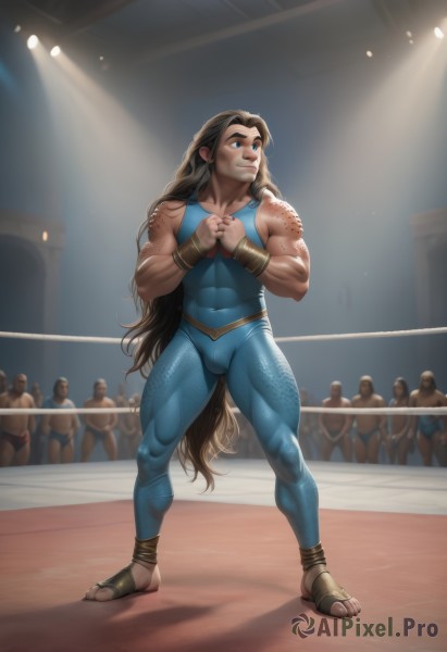 long hair,smile,blue eyes,brown hair,black hair,1boy,jewelry,very long hair,standing,full body,male focus,multiple boys,solo focus,artist name,indoors,looking to the side,bodysuit,covered navel,muscular,toes,thick thighs,abs,sandals,thick eyebrows,muscular male,skin tight,6+boys,bulge,muscular female,tight,biceps,crowd,wrestling outfit,wrestling ring,1girl,solo,breasts,thighs,lips,tattoo,own hands together,wristband,freckles,realistic,nose,toeless legwear,bracer,stirrup legwear,flexing