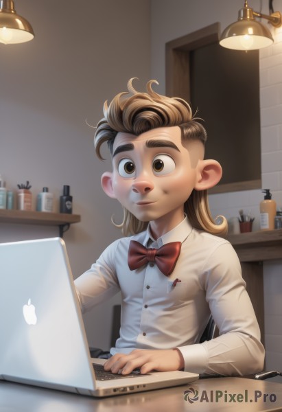 solo,long hair,smile,brown hair,shirt,long sleeves,1boy,bow,brown eyes,sitting,closed mouth,white shirt,upper body,male focus,collared shirt,indoors,bowtie,red bow,dress shirt,thick eyebrows,red bowtie,child,mirror,lamp,computer,male child,dirty,laptop,blurry,see-through,realistic,pen