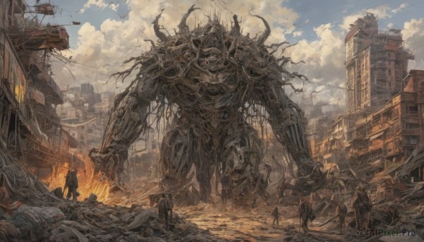 standing,outdoors,multiple boys,horns,sky,day,cloud,blue sky,cloudy sky,fire,robot,ground vehicle,building,scenery,motor vehicle,smoke,science fiction,monster,city,fantasy,giant,ruins,multiple others,power lines,destruction,rubble,holding,weapon,bag,from behind,holding weapon,gun,backpack,mecha,rifle,walking,6+boys,cable,damaged,debris,soldier,post-apocalypse