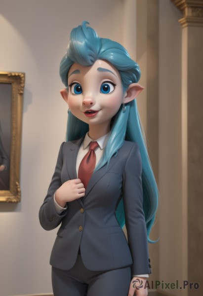 1girl,solo,long hair,looking at viewer,smile,blue eyes,shirt,long sleeves,jewelry,blue hair,standing,jacket,white shirt,cowboy shot,earrings,parted lips,necktie,teeth,pointy ears,collared shirt,pants,artist name,indoors,lips,black jacket,makeup,black pants,formal,thick eyebrows,suit,lipstick,red necktie,red lips,pant suit,adjusting necktie,aqua hair,painting (object),suit jacket,portrait (object)