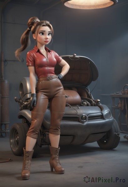 1girl,solo,long hair,breasts,brown hair,shirt,gloves,cleavage,brown eyes,medium breasts,standing,full body,ponytail,weapon,short sleeves,boots,parted lips,black gloves,belt,pants,signature,high heels,lips,hand on hip,gun,looking to the side,makeup,brown footwear,lipstick,ground vehicle,red shirt,motor vehicle,zipper,high heel boots,ankle boots,brown pants,motorcycle,tire,blue eyes,artist name,realistic,car,lamp,leather