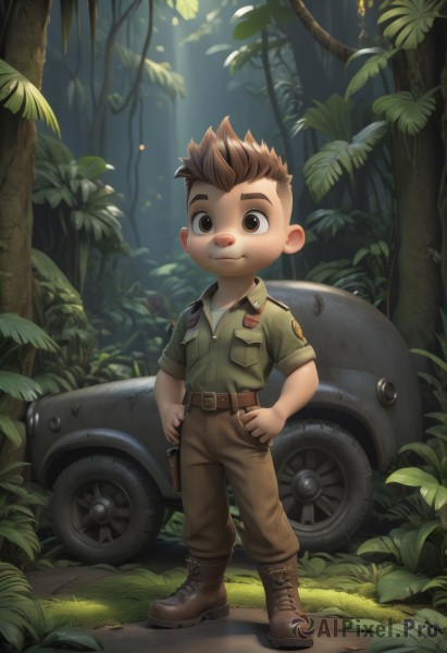 solo,looking at viewer,smile,short hair,brown hair,shirt,1boy,brown eyes,closed mouth,standing,full body,weapon,male focus,boots,outdoors,belt,pants,artist name,uniform,tree,gun,military,brown footwear,sunlight,thick eyebrows,grass,plant,spiked hair,ground vehicle,child,nature,motor vehicle,forest,green shirt,car,male child,brown pants,holding,jacket,short sleeves,military uniform,leaf,green jacket,leather,leather jacket,tire