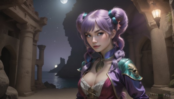 1girl,solo,long hair,breasts,looking at viewer,bangs,blue eyes,large breasts,hair ornament,ribbon,cleavage,twintails,medium breasts,collarbone,jacket,upper body,purple hair,braid,outdoors,parted lips,sky,teeth,water,twin braids,lips,night,moon,shoulder armor,star (sky),night sky,full moon,starry sky,pillar,blush,scenery,realistic