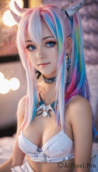 1girl,solo,long hair,breasts,looking at viewer,smile,bangs,blue eyes,hair ornament,cleavage,bare shoulders,twintails,jewelry,medium breasts,sitting,closed mouth,underwear,blue hair,upper body,ponytail,pink hair,multicolored hair,earrings,horns,choker,midriff,necklace,bra,blurry,two-tone hair,lips,streaked hair,eyelashes,aqua hair,makeup,depth of field,blurry background,facial mark,eyeshadow,realistic,nose,mascara,animal ears,hair between eyes,swimsuit,sidelocks,bikini,artist name,star (symbol),collar,white bra