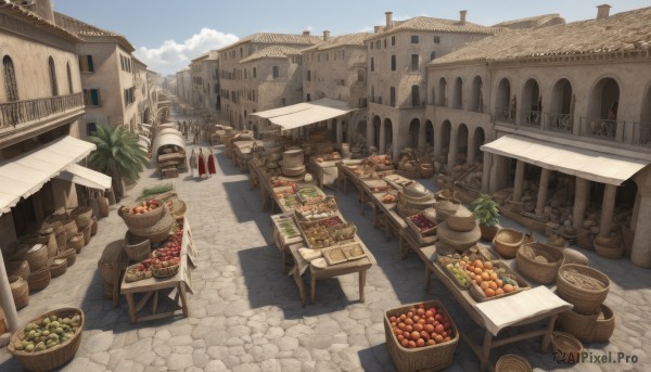 outdoors,food,sky,day,tree,no humans,window,fruit,shadow,chair,table,plant,building,scenery,plate,bowl,stairs,apple,basket,potted plant,house,bread,meat,tomato,vegetable,barrel,pavement,crate,cloud,blue sky,fantasy,road,pillar,rooftop