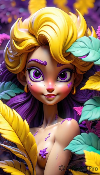 1girl,solo,long hair,breasts,looking at viewer,blush,smile,blonde hair,jewelry,closed mouth,purple eyes,collarbone,upper body,purple hair,flower,nude,multicolored hair,earrings,small breasts,artist name,blurry,two-tone hair,lips,eyelashes,gradient hair,makeup,leaf,plant,lipstick,convenient censoring,eyeshadow,freckles,purple flower,purple lips,purple eyeshadow,open mouth,hair ornament,hair flower,pasties