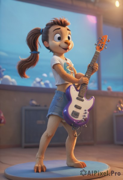 1girl,solo,long hair,smile,open mouth,brown hair,shirt,hair ornament,1boy,navel,holding,standing,full body,white shirt,ponytail,short sleeves,male focus,shorts,barefoot,teeth,day,midriff,artist name,indoors,blurry,black eyes,short shorts,window,blurry background,watermark,happy,denim,t-shirt,instrument,child,furry,freckles,blue shorts,denim shorts,hair tie,furry female,music,guitar,female child,male child,body fur,print shirt,playing instrument,holding instrument,animal nose,animal feet,buck teeth,animal ears,brown eyes,flat chest,depth of field,wooden floor,electric guitar,brown fur,plectrum,digitigrade