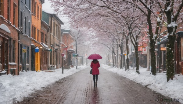 1girl, solo, holding, outdoors, pants, bag, from behind, tree, coat, dutch angle, umbrella, black pants, building, scenery, snow, walking, snowing, holding umbrella, sign, road, winter, lamppost, red coat, bare tree, street, red umbrella, footprints