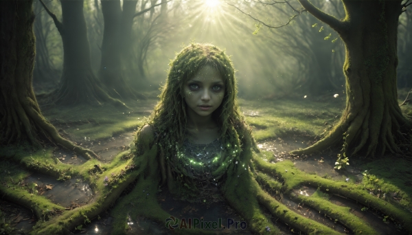 HQ,1girl,solo,long hair,looking at viewer,blue eyes,blonde hair,jewelry,closed mouth,outdoors,green hair,artist name,water,necklace,tree,lips,glowing,colored skin,leaf,watermark,sunlight,plant,monster girl,nature,scenery,forest,light rays,realistic,fantasy,green skin,vines,green theme,moss,plant girl,dress,green eyes,flower,grass,light