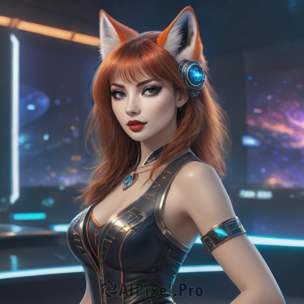 1girl,solo,long hair,breasts,looking at viewer,bangs,brown hair,animal ears,cleavage,bare shoulders,jewelry,medium breasts,green eyes,upper body,earrings,parted lips,sleeveless,choker,artist name,cat ears,necklace,orange hair,mole,blurry,lips,fox ears,mole under eye,makeup,blurry background,lipstick,gem,armlet,pendant,freckles,red lips,red hair,vest,eyelashes,headphones,watermark,realistic