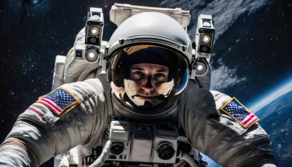 solo,looking at viewer,1boy,upper body,male focus,pov,helmet,star (sky),reflection,science fiction,realistic,space,planet,earth (planet),american flag,spacecraft,spacesuit,japanese flag,astronaut,smile,brown hair,brown eyes,flag,flag print,space helmet,united states,american flag print