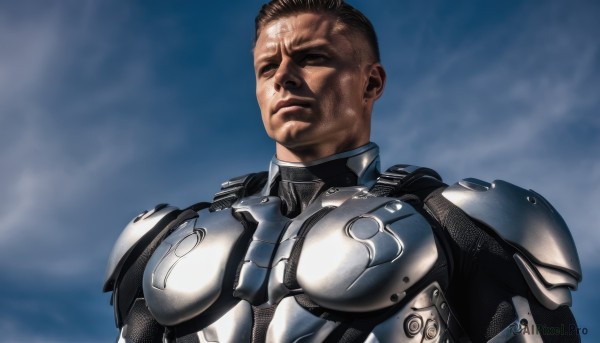 solo,short hair,brown hair,black hair,1boy,closed mouth,closed eyes,upper body,male focus,outdoors,sky,cloud,dark skin,armor,facial hair,dark-skinned male,shoulder armor,science fiction,pauldrons,realistic,mustache,manly,power armor,looking at viewer,lips,bodysuit,scar,scar on face,pilot suit,very short hair