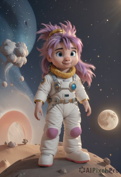 1girl,solo,long hair,looking at viewer,smile,bangs,blue eyes,closed mouth,standing,full body,ponytail,pink hair,purple hair,sky,belt,artist name,signature,star (symbol),moon,star (sky),full moon,floating,starry sky,rock,realistic,space,planet,earth (planet),spacecraft,debris,spacesuit,astronaut,boots,white footwear