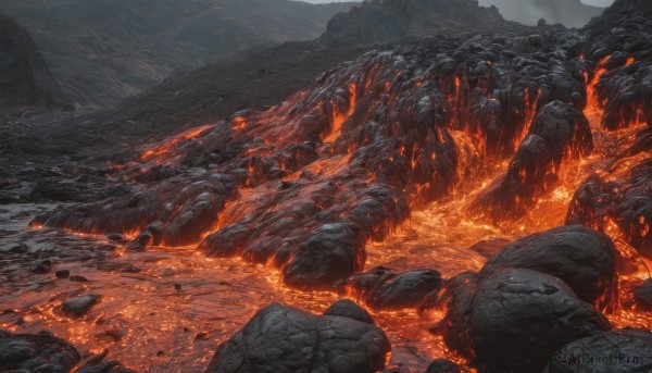 outdoors, sky, no humans, fire, scenery, rock, mountain, cave, molten rock