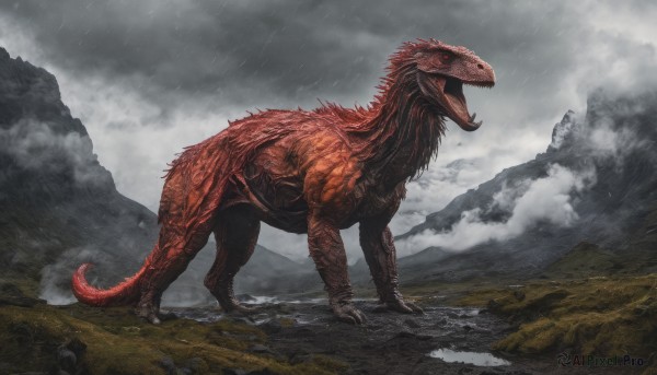 A unique view of a monster in rainy outdoors